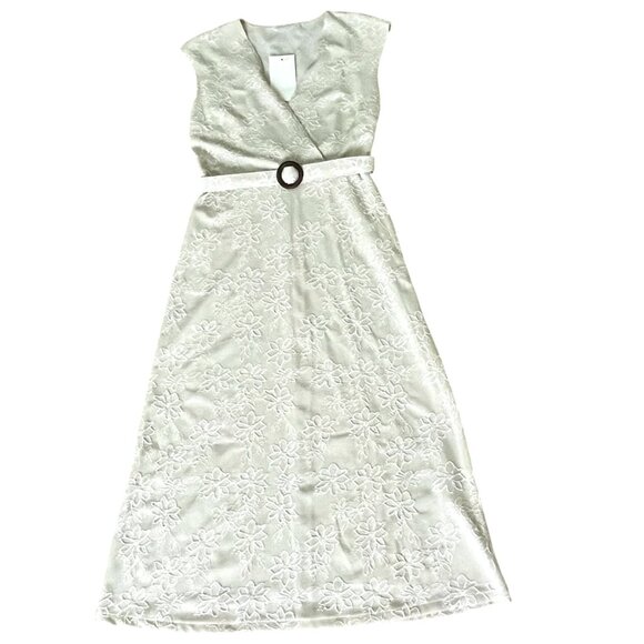 Zara Rustic Midi Dress Ecru Beige | V-Neck Wrap | Belted Floral Jacquard Size M - Picture 10 of 13